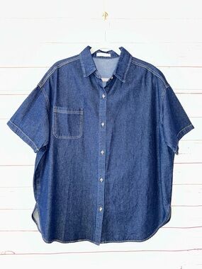STITCH + FEATHER Oversized Denim Button Shirt Blue Size M Y2K